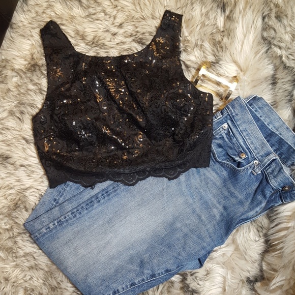 City Studio Tops - City Studio Sequined Lace Crop Top